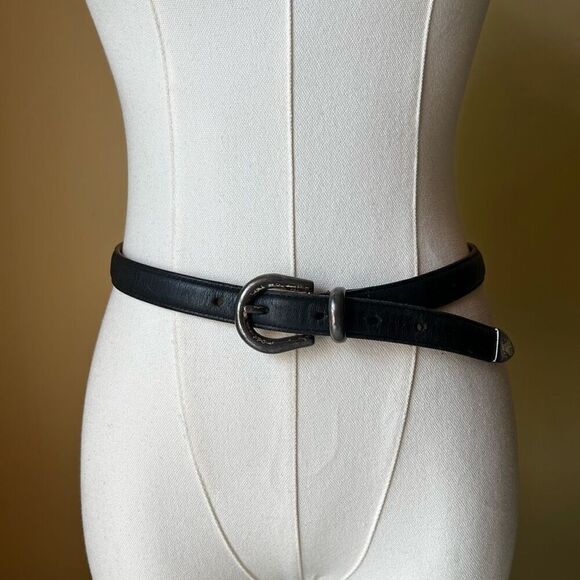 Vintage 90s LL Bean Black Leather Waist Belt Silver Hardware Casual Womens 28